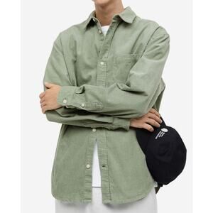H&M Relaxed Fit Green Corduroy Button Up Long Sleeve Cotton Shirt US Mens XXL